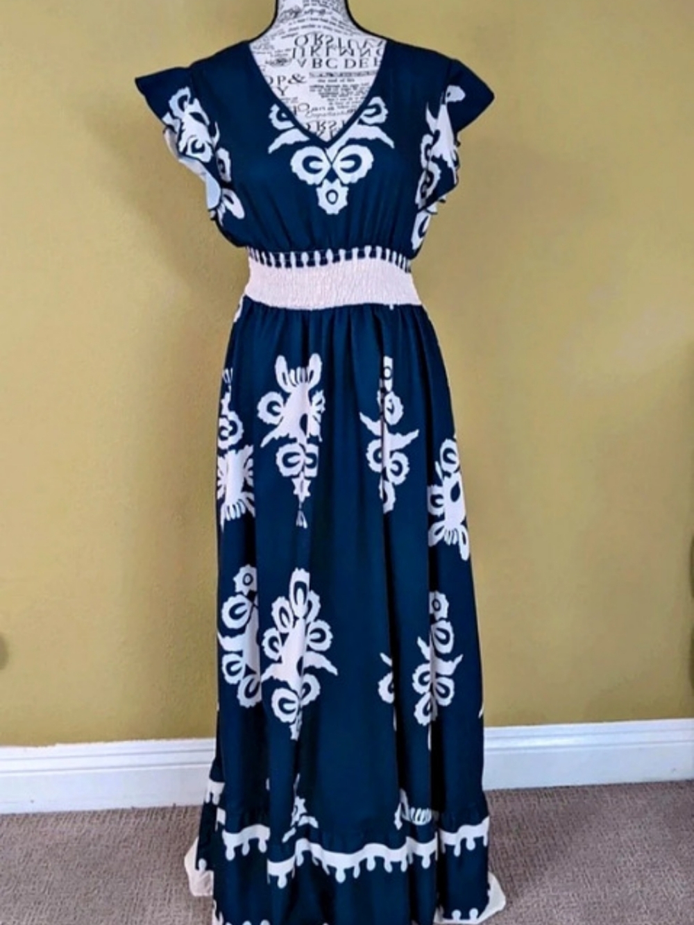 Flutter-Sleeve Smocked-Waist Maxi Dress Blue & White